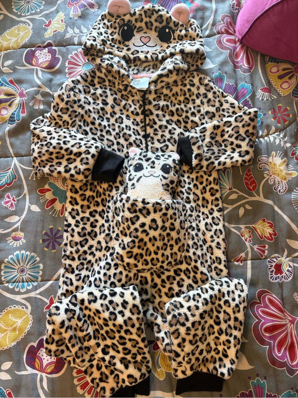 Leopard Print Hooded Kids Pajamas/costume - Pink & Black Accents
